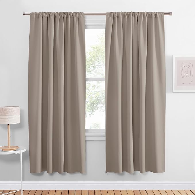 PONY DANCE Bedroom Curtains Drapes - Blackout Panels Home Fashion Solid Rod Pocket Curtain Blinds Home Decor Thermal Insulated Light Block, Wide 42 x Long 63 inches, Light Taupe, 1 Pair