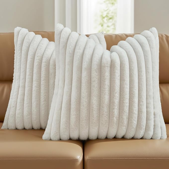 FUTEI Pack of 2 Faux Fur Throw Pillow Covers 20x20 Inch, Cream White | Fluffy Faux Rabbit Fur Front/Premium Velvet Back,Hidden Zipper,Machine Washable,Non-Shedding,Colorfast,Insert Not Included.