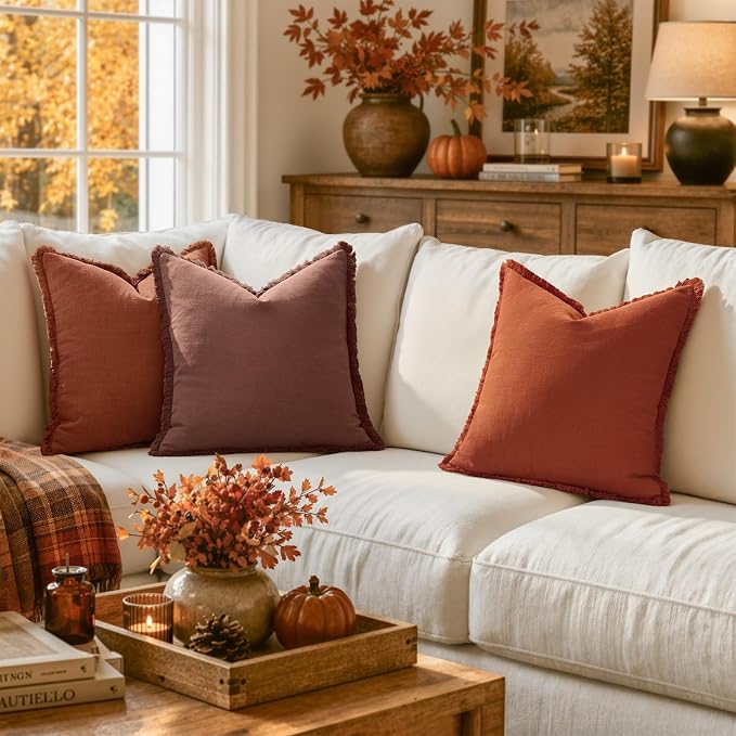 MIULEE Linen Fringe Decorative Fall Throw Pillow Covers Late Autumn 20x20 | Set of 2, Cottagecore Decor, Boho Farmhouse Neutral Pillow Covers, Rustic Fall Couch Cushion Cases for Sofa Bed Living Room