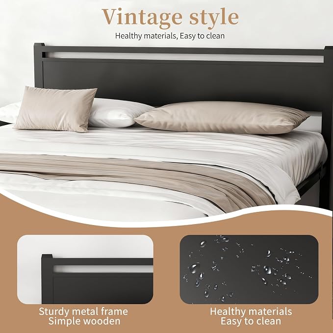 Easy Install 16 Inch Full Size Bed Frame with Headboard&Footboard | Large Under Bed Storage, No Box Spring Needed, Non-Slip Without Noise, Sturdy Steel Frame, Mattress Foundation, Black