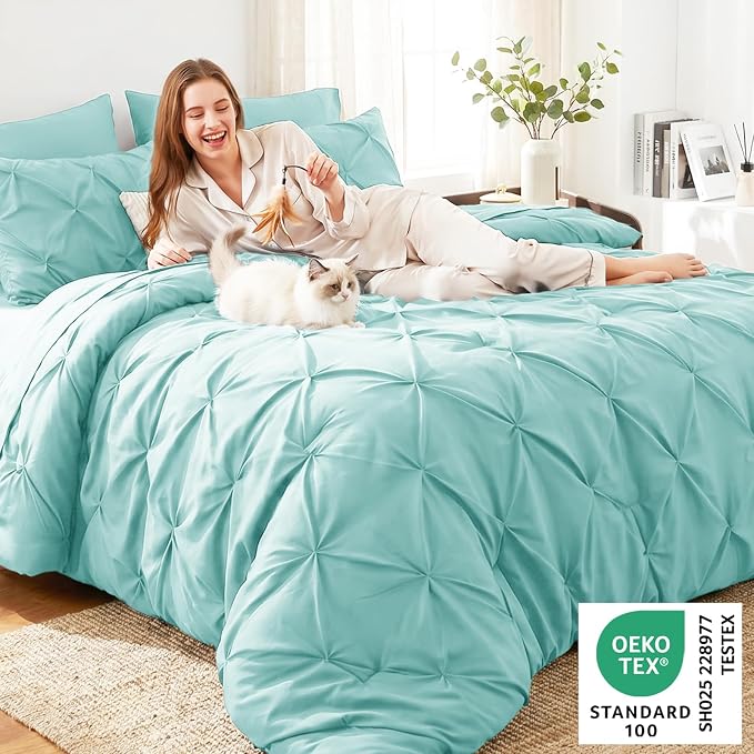King Size Comforter Set Spa Blue, 7 Pieces Pintuck Bed in a Bag | OEKO-TEX 100 Certified, 240GSM All Season, Bedroom, Guest Room, Down-Alternative Comforter, Sheets, Pillowcases & Shams