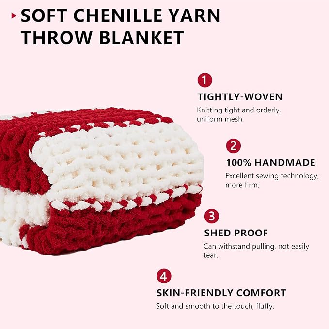 L'AGRATY Chunky Knit Throw Blanket for Couch, 72 x 84 Inches, Red White | Handmade Chenille Crochet Blanket for Sofa Bed, Thick Cable Knitted Blankets for Room Home Decor, Birthday Gift for Women Mom