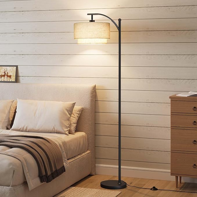 SUNMORY Floor Lamps for Living Room with 12W LED Bulb, Arc Lamp with 3 CCT | Modern Floor Lamps with Adjustable Double Fabric Shades, Industrial Arched Lamp, Tall Standing Lamp for Bedroom, Corner