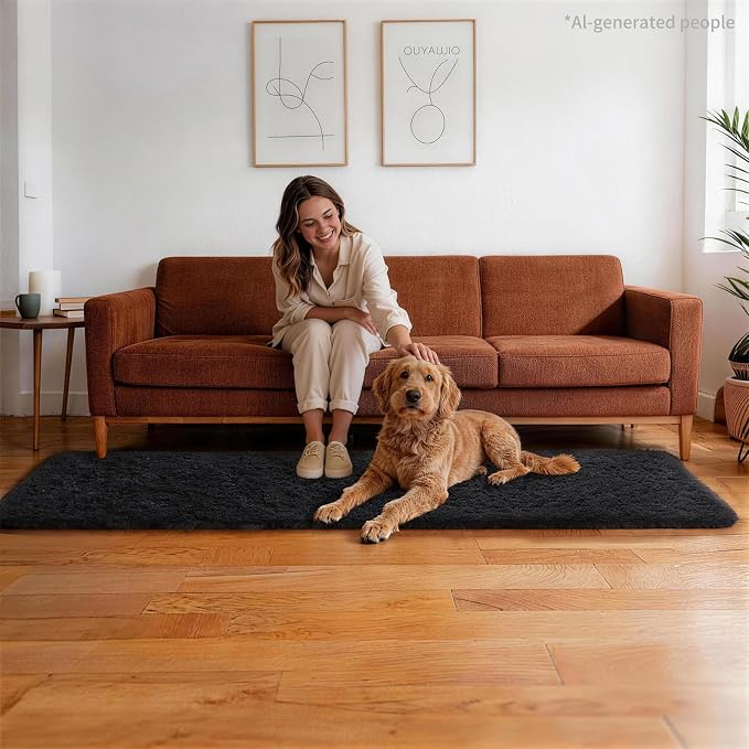 Ophanie Runner Rug for Hallway, 2x7 Washable Non-Slip Fluffy Soft Bedside Rugs, Bedroom Living Room Shaggy Carpet for Kids Girls Boys Dorm Nursery Decor Aesthetic, Black with Over 99 pcs Pile fibers