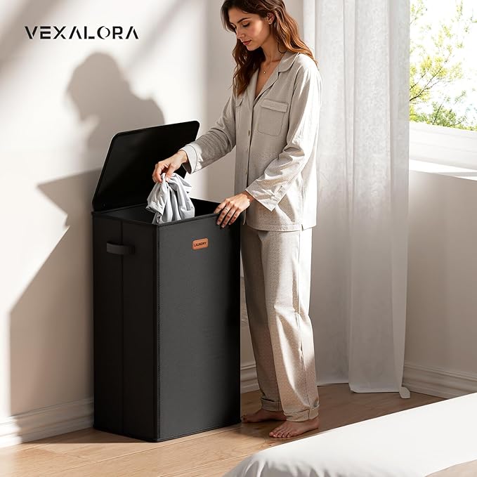 100L Laundry Hamper with Lid, Large Clothes Hampers with Removable Bag, Collapsible Laundry Basket for Bathroom, Bedroom, Laundry Room, Dorm, Black