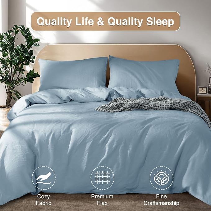 SONORO KATE 100% French Linen Queen Duvet Cover Set,Zipper Closure,3PC | Natural French Flax,Soft Breathable for Hot Sleepers,Moisture Wicking & Durable,4 Corner Ties,Dusty Blue