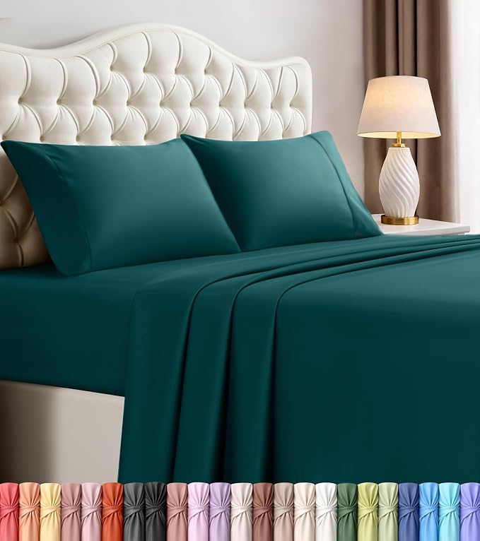 King Sheets Set, 4 Pieces 16" Deep Pocket Hotel Luxury Sheets, Teal Green | Extra Soft Bedsheet Set, Comfy & Breathable Cooling Sheets, Wrinkle & Fade Resistant, Fitted Sheet, Flat Sheet, 2 Pillowcases