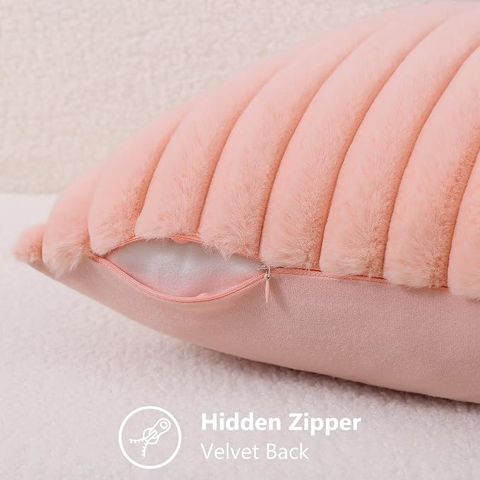 decorUhome Fall Faux Fur Throw Pillow Covers 18x18 Set of 2 Blush Pink | Decorative Soft Cozy Striped Plush Modern Farmhouse Boho Couch Pillow Cases Velvet Back for Sofa Bed Living Room Home Decor