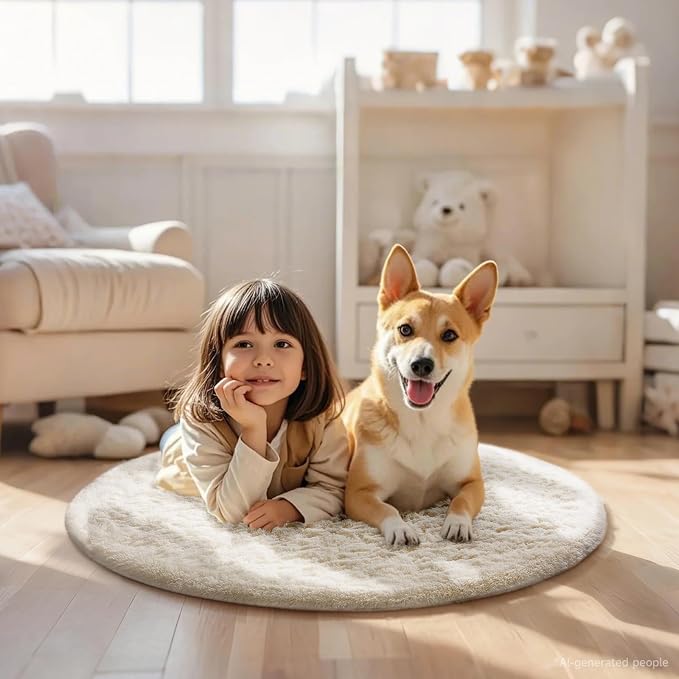 Ophanie Round Rugs 3Ft Ivory Circle Area Rug, Nursery Bedroom Carpet, Small Fluffy Fuzzy Plush Soft Shaggy Cream Living Room Christmas Aesthetic Decor for Kids Boys Girls Teen Baby Home, Dorm