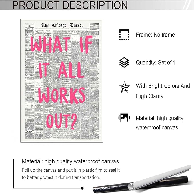 Drimiler What If It All Works Out Poster Retro Newspaper Pink Font Canvas Wall Art Positive Affirming Quote Minimalist Prints Painting For Home Bedroom Dorm Wall Decor 16x24in Unframed