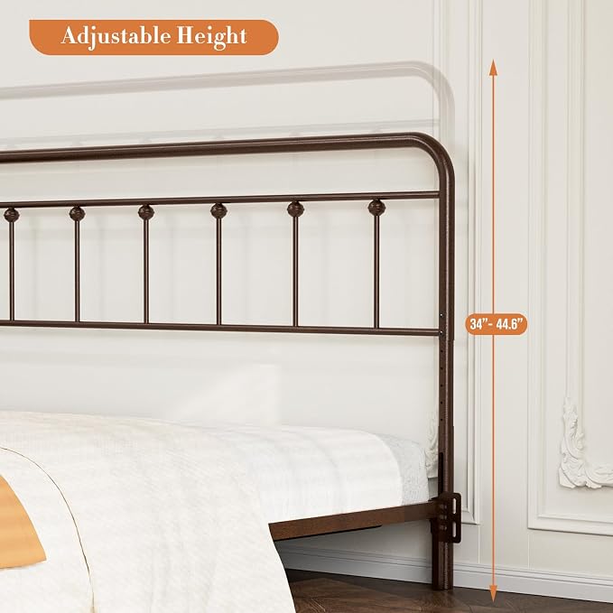 Victorian Metal King Size Headboard Only, Brown | 34"-44.6" Adjustable Height, Steel King Head Board with Bed Frame Brackets Adapter, Easy Assembly, Farmhouse Vintage Style