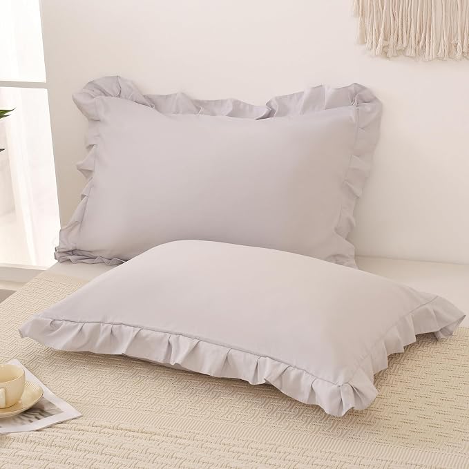Beige Gray Pillow Shams Cute Ruffle Queen Pillowcases Solid Pillow Cover Set of 2 Shabby Chic Soft Light Gray Pillowcases 2 Pack (Queen (20''x30''), Beige Gray)
