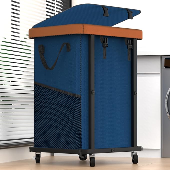 Laundry Basket with Wheels,150L (40 Gal) Rolling Hamper Carts - Navy Blue | Leather Patchwork Laundry Hamper,Sturdy Metal Frame, Removable Washable Bag, Tall Clothes Sorter for Bedroom, Laundry Room