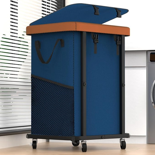 Laundry Basket with Wheels,150L (40 Gal) Rolling Hamper Carts - Navy Blue | Leather Patchwork Laundry Hamper,Sturdy Metal Frame, Removable Washable Bag, Tall Clothes Sorter for Bedroom, Laundry Room