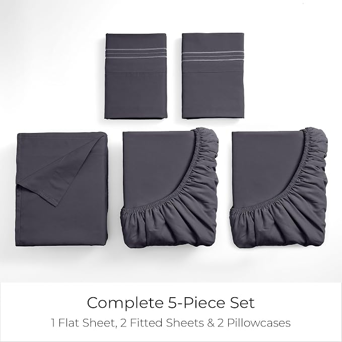 Mellanni Iconic 5-Piece, Ultra Soft Sheet Set (Split King, Charcoal) | 10M+ Sleepers. Lab-tested: Sleeps Cool, Stays Bright, Strong, Smooth. Good Housekeeping Best Bedding, 7 yrs running.