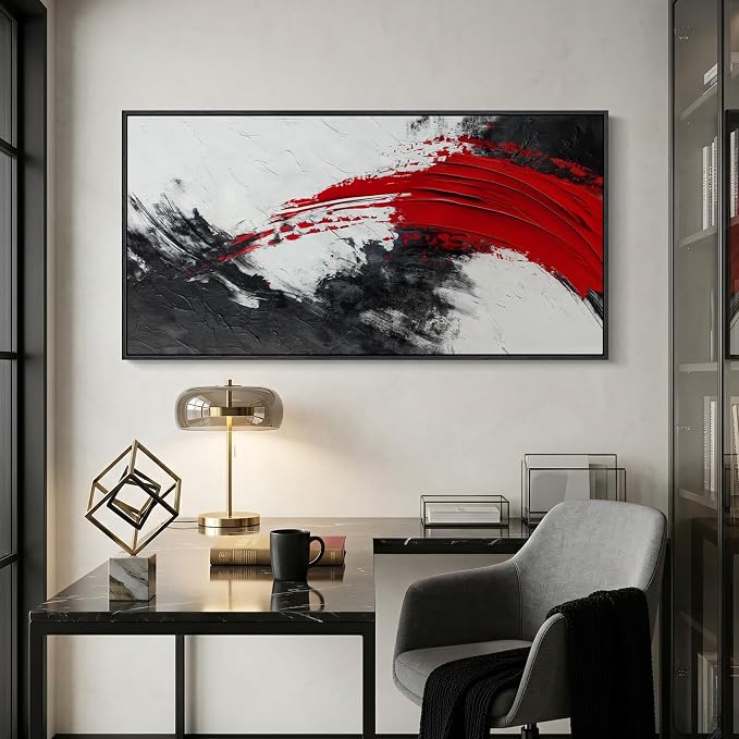 Extra Large Framed Red Black White Abstract Wall Art for Living Room, 60x30 | Modern black and white pictures, Canvas prints, Minimalist artwork for walls, Wall decor for bedroom dining office hallway