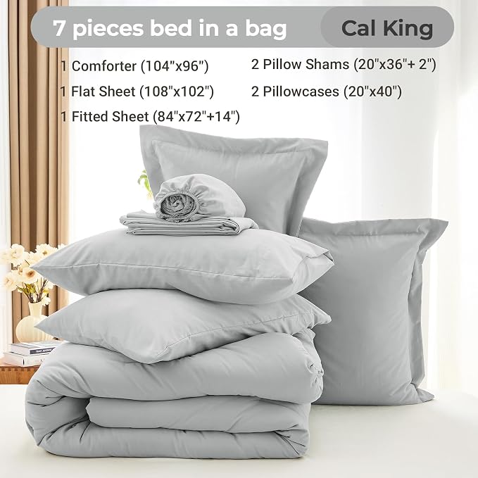 7 Pieces California King Comforter Set, Soft Bed in a Bag Cal King Size, All Season Bedding Set with Comforter, Flat Sheet, Fitted Sheet, Pillowcases & Shams, Light Grey