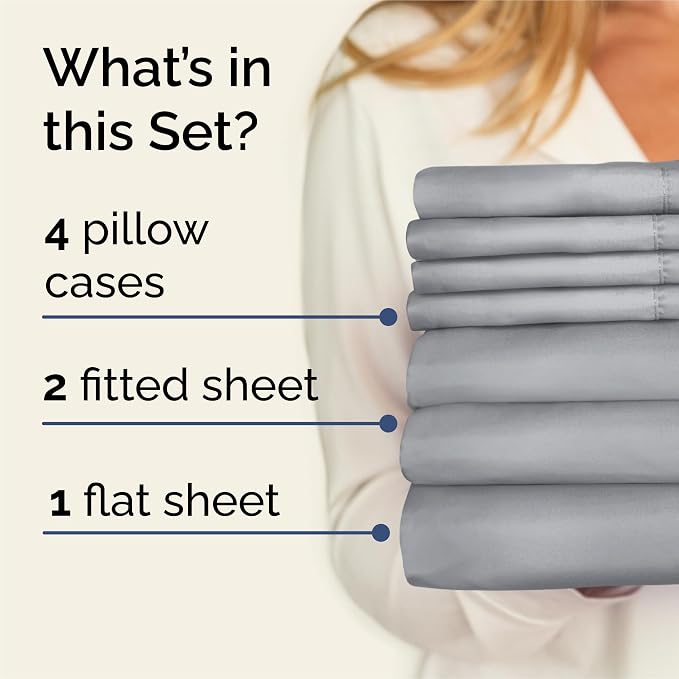 Split King 7 Piece Bed Sheet Set - Comfy, Breathable & Cooling - Steel Blue | Ultra-Soft Hotel Luxury Bedding Set w/ 8-16 Inch Deep Pockets, 1 Flat & 2 Fitted Sheet & 4 Pillowcases, Wrinkle & Fade Free