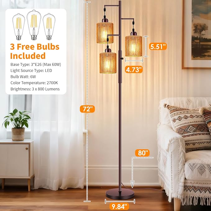 Hotsonic 72" Boho Rattan Tree Floor Lamp, Tall Dimmable Industrial Standing Lamp, Corner Decor Accent Lighting for Living Room, Bedroom, Dining Room, Nursery, Cafe (3 x 800LM Bulbs Included) - Brown