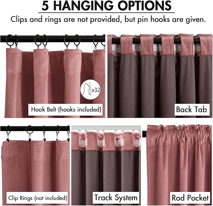 MIULEE Velvet Curtains 50W x 90L 2 Panels Dusty Rose Blackout Curtains | Luxury velvet fabric, pinch pleat design, back tab hooks, thermal insulated, blackout light blocking, for living room bedroom