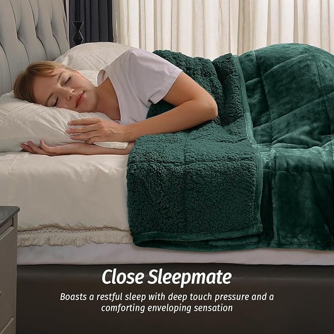 Sherpa Fleece Weighted Blanket for Adult 20 lbs Queen 60"x80" Green | Better Sleep, Relax Body & Mind, Dual Sided Soft Fuzzy Heavy Throw Blankets, Plush Flannel Top, Chunky Fluffy, Warm Hug