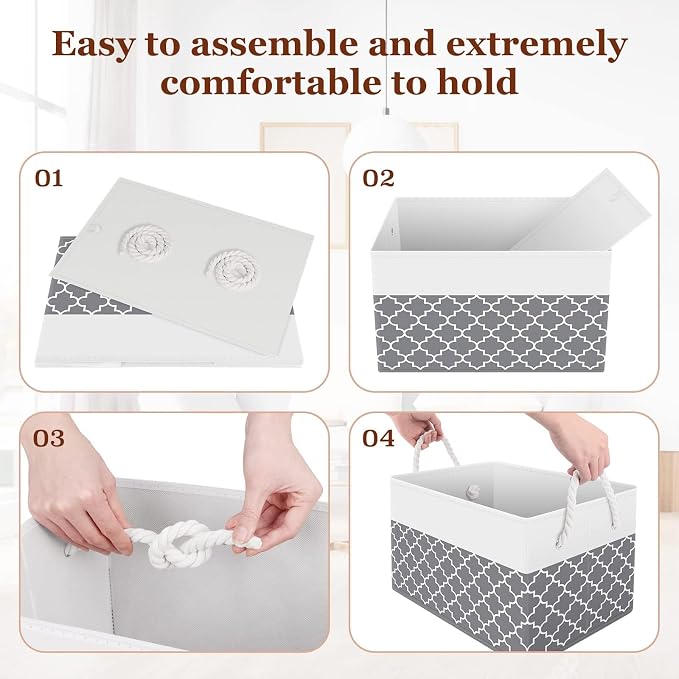 Storage Bins 2-Pack, Foldable Storage Baskets for Organizing Toys, Books, Shelves, Closet, Large Storage Box with Rope Handles, Sturdy Organizer Bins,Clover Grey