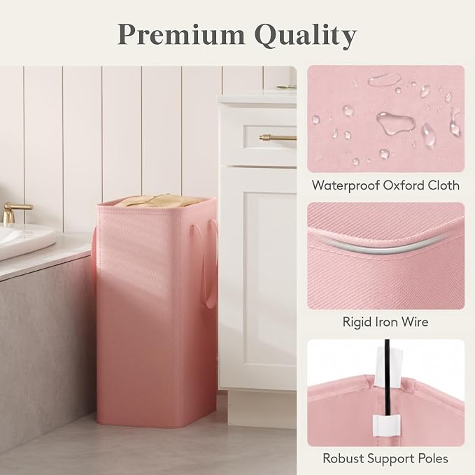 Lifewit Slim Collapsible Laundry Basket with Handles, 50L, Pink | Narrow Laundry Hamper for Dirty Clothes, Tall Thin Laundry Bin, Small Clothes Hamper for Bathroom, Bedroom, RV, Dorm
