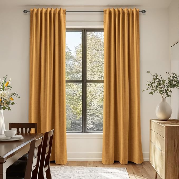 Faux Linen Total Blackout Curtains for Bedroom 108 Inch Long Mustard Yellow | 100% Blackout Shield, Back Tab/Rod Pocket Living Room Drapes, Thermal Insulated Blackout Curtains 2 Panels Set, 50"W x 108"L