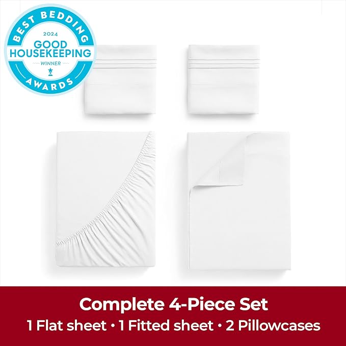 Mellanni Extra Deep Queen Sheets - 4 PC Iconic Collection Bedding | Hotel Luxury, Ultra Soft, Cooling Bed Sheets - Wrinkle, Fade, Stain Resistant (Queen, White)