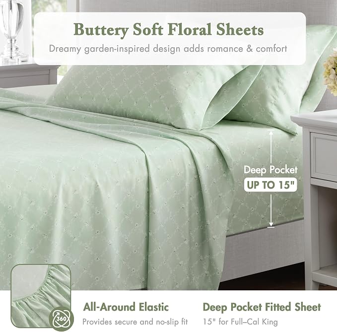 Madison Park Essentials Green Floral Comforter Set with Sheets Full,7pc | Vintage, Ruffle Bed in a Bag, Reversible, Elegant Bedding Set, All Season, Machine Washable, Wrinkle Resistant, Ultra Soft