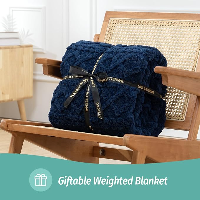 Soft Weighted Blankets for Adults Queen 60" x 80" 15 lbs Navy Blue | Better Sleep, Relax Body & Mind, Dual Sided Soft Fuzzy Heavy Throw Blankets, Jacquard Knitted, Chunky Fluffy, Warm Hug, Gift