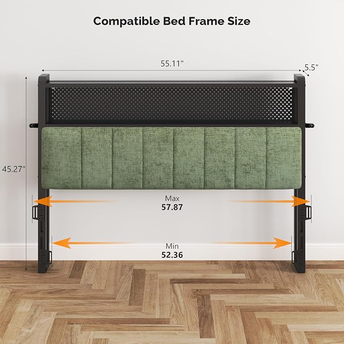 VINGLI Chenille Green Upholstered Bookcase Headboard Only Full Size Height Adjustable Headboard with 2 Tier Shelves, LED Lights and Charging Station for Bed, Bedside Storage