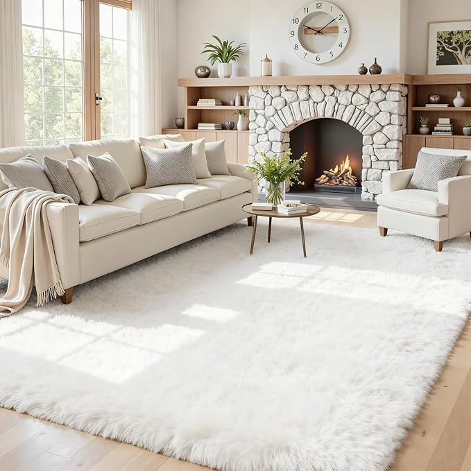 5x7 Fluffy Shag Area Rugs for Living Room Bedroom: Soft Plush Carpet White | Upgraded Non-Slip Thick Memory Foam, Ultra Soft, Non-Shedding Fuzzy Carpet, Easy Clean Decor for Kids Room, Nursery, Playroom