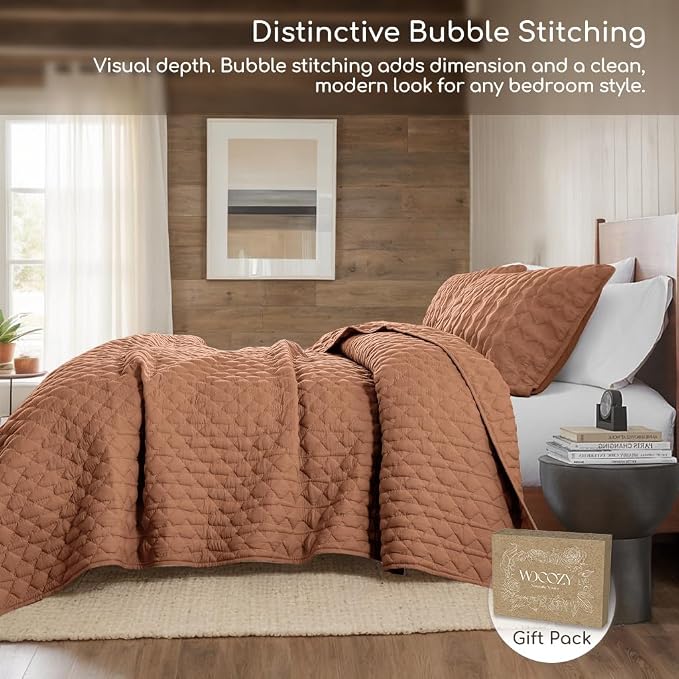 WDCOZY Burnt Orange Quilt King Size Bedding Sets with 2 Pillow Shams, Red Lightweight Soft Bedspread Coverlet, Quilted Blanket Thin Comforter Bed Cover for All Season, 3 Pieces, 104x90 inches