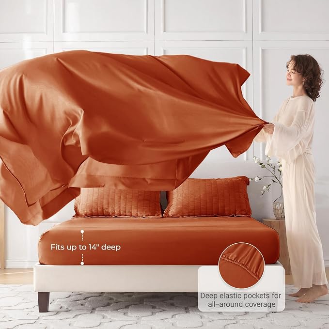 5 Pieces Twin XL Comforter Set, Seersucker Bed in a Bag Twin XL Size, All Season Luxury Bedding Set with Comforter, Flat Sheet, Fitted Sheet, Pillowcase & Sham, Burnt Orange