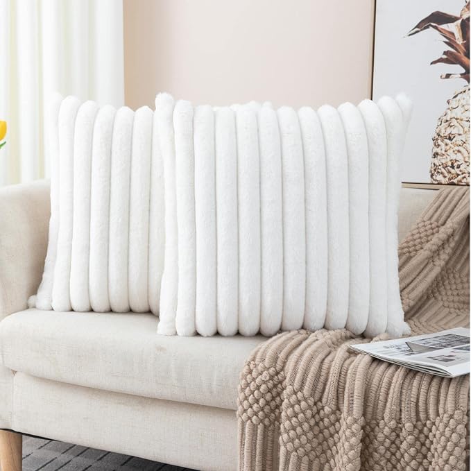 ZLINA Cream White Striped Faux Fur Throw Pillow Covers 18 x 18 Inch | 2‑Pack, boho striped pillow covers,velvet back,fuzzy plush cushion covers , for sofa bed livingroom home decor