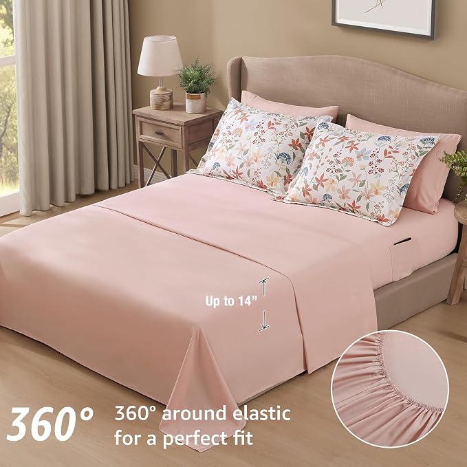Full Size Comforter Sets - 7 Pieces Floral Bed in a Bag Full Bedding Set | Clay Pink Botanical Flowers Comforter Set with Sheets, Pillowcases & Shams for All Seasons