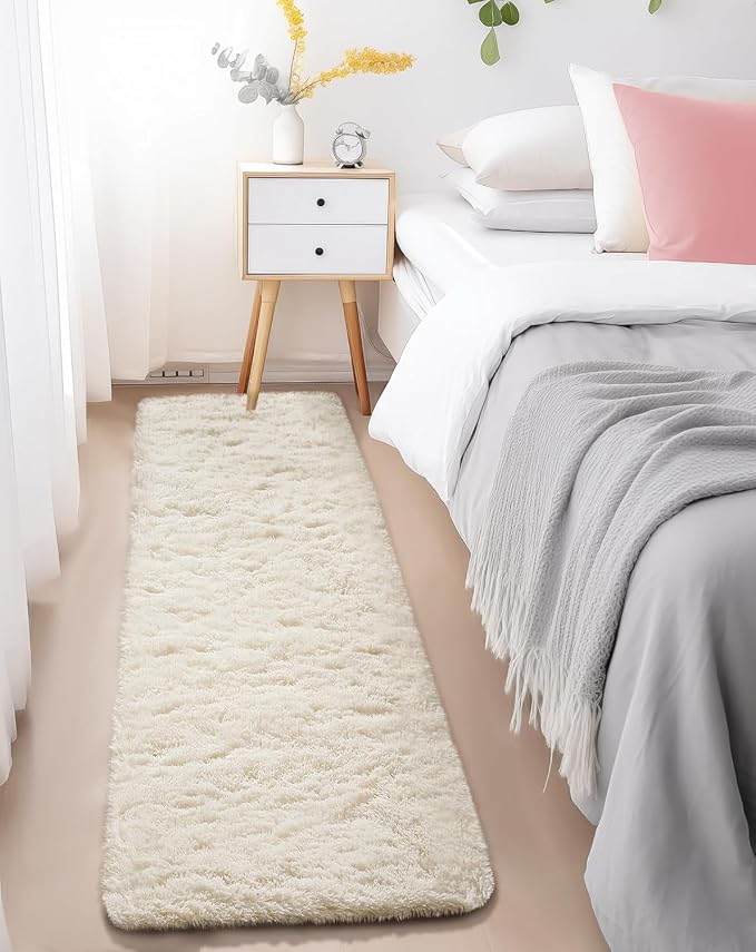 Ophanie Runner Rug for Hallway, 2x7 Washable Non-Slip Fluffy Soft Bedside Rugs, Bedroom Living Room Shaggy Carpet for Kids Girls Boys Dorm Nursery Decor Aesthetic, Ivory with Over 99 pcs Pile fibers