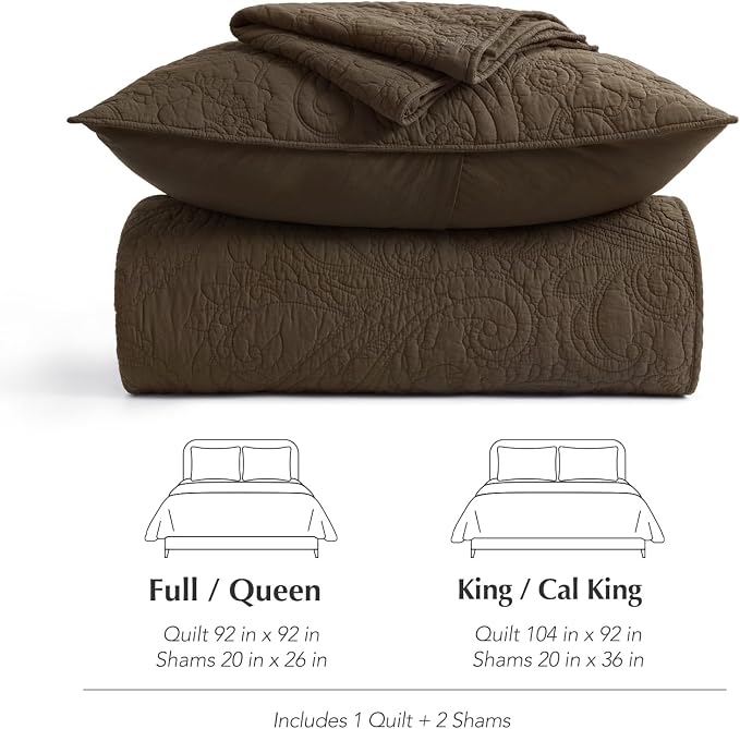 EVERGRACEHOME 100% Cotton Paisley Quilt Set, Queen Size, Cocoa Brown | Prewashed for Softness, Year-Round Breathability, Gift-Ready Box, Matelasse-style Quilted Coverlet, 3 Piece Set with 2 Shams