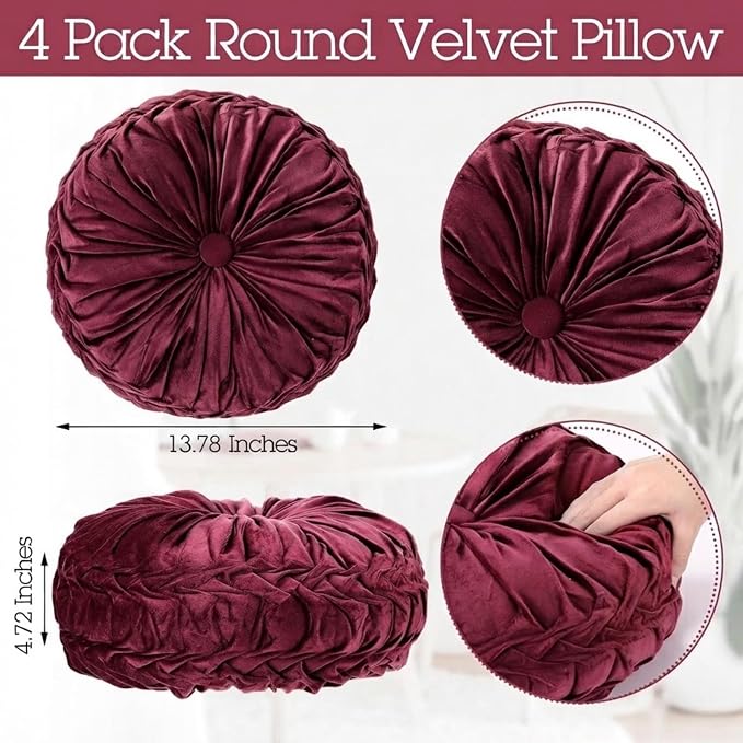 Kathfly 4 Pcs Decorative Round Pleated Throw Pillows, Classy Velvet Pumpkin Round Throw Pillows, Decorative Floor Pillow for Bed Chair Home Sofa Decor, 14" Diameter (Burgundy)