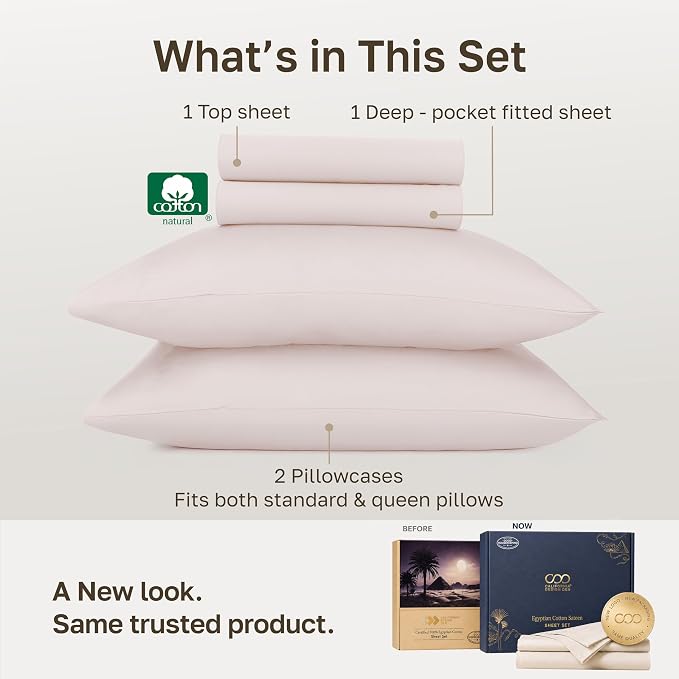 California Design Den 100% Egyptian Cotton Queen Size Sheets Deep Pocket | Backed by Good Housekeeping Seal, Light & Airy Soft Sateen, 16" Deep Pocket Set, All-Around Elastic, Easy Care -Soft Rose