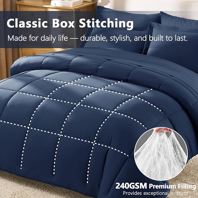 Full Size Comforter Sets, 7-Piece Bed in a Bag, Navy Blue | OEKO-TEX Certified, Box-Stitched Design, 240 GSM Down Alternative Fill, All-Season Comfort, Sheets, Pillowcases & Shams
