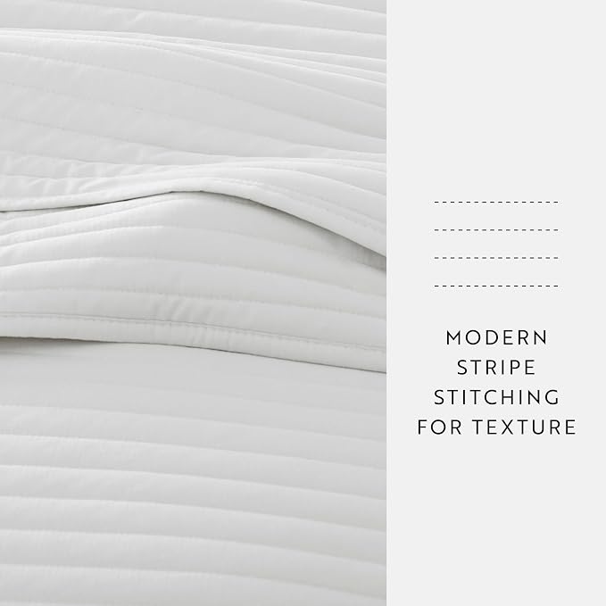 Merit Linens Modern Quilt Coverlet Soft Set in Stripe Stitching - Full/Queen White