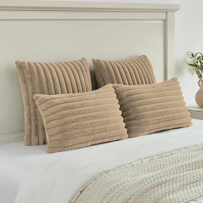 FUTEI Pack of 2 Faux Fur Throw Pillow Covers 24x24 Inch, Khaki | Fluffy Faux Rabbit Fur Front/Premium Velvet Back,Hidden Zipper,Machine Washable,Non-Shedding,Colorfast,Insert Not Included.