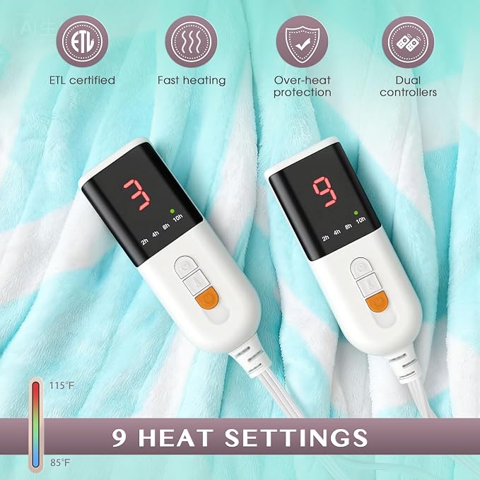 VENTIMI Heated Blanket Queen, 9 Heat Levels & 2-10 Hours Auto Off, Green | ETL & FCC, Dual Controller, 84" × 90", Flannel and Sherpa, Bed Couch Use, Machine Washable, Removable Controller