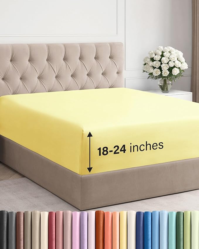 Extra Deep King Fitted Sheet - Single Fitted Sheet Only - Yellow | Easily Fits 18 inch to 24 inch Mattress, Soft, Wrinkle Free, Breathable & Comfy, Extra Deep Pockets Hotel Luxury Fitted Sheet