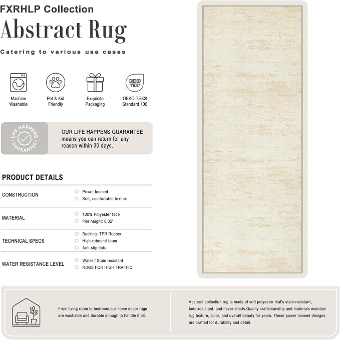2.6x14 Washable Runner Rug:Modern Abstract Indoor Soft Carpet Beige | For Hallway, Bedroom, Kitchen, Laundry, Bathroom,Door Mat,Modern Abstract,Machine washable,Non-Slip,Stain Resistant,Indoor