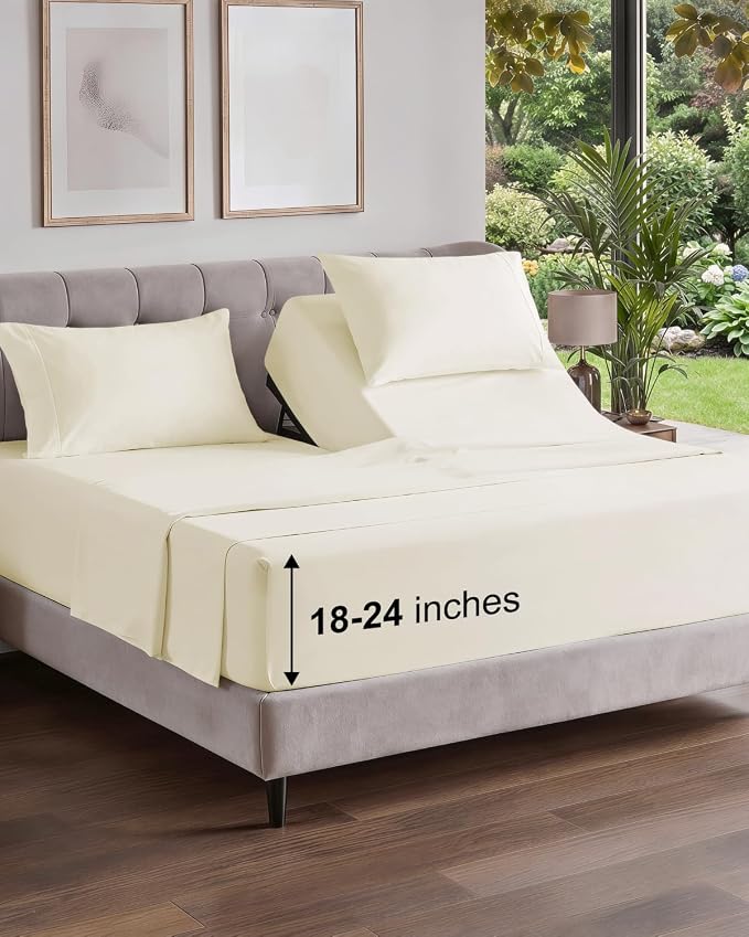 Flex Top Split Head King Sheet Set - 4 Piece Extra Deep Sheets - Off White | Easily Fits 18 to 24 inch Mattress, Ultra Soft, Wrinkle & Fade Free with Extra Deep Pockets, Comfy Hotel Luxury Bedding