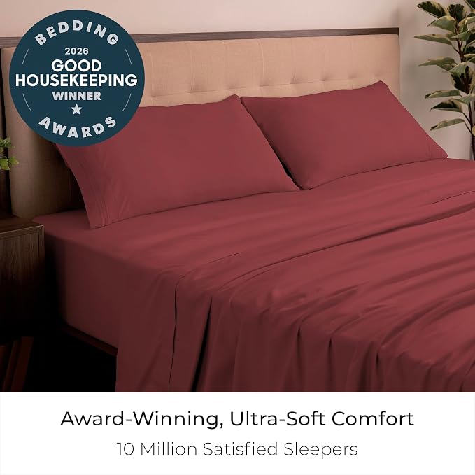 Mellanni Iconic 4-Piece, Ultra Soft Sheet Set (King, Brick Red) | 10M+ Sleepers. Lab-tested: Sleeps Cool, Stays Bright, Strong, Smooth. Good Housekeeping Best Bedding, 7 yrs running.