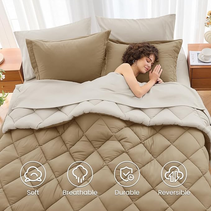 5 Pieces Twin Comforter Set, Reversible Bed in a Bag Twin Size, All Season Bedding Set with Comforter, Flat Sheet, Fitted Sheet, Pillowcases & Shams, Khaki & Linen
